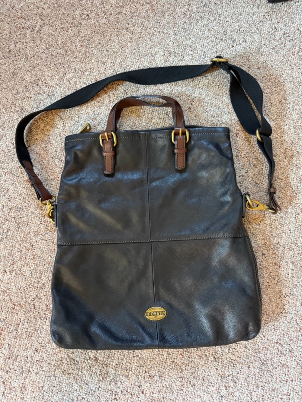 Fossil Black Leather Shoulder Tote with Brown Handles